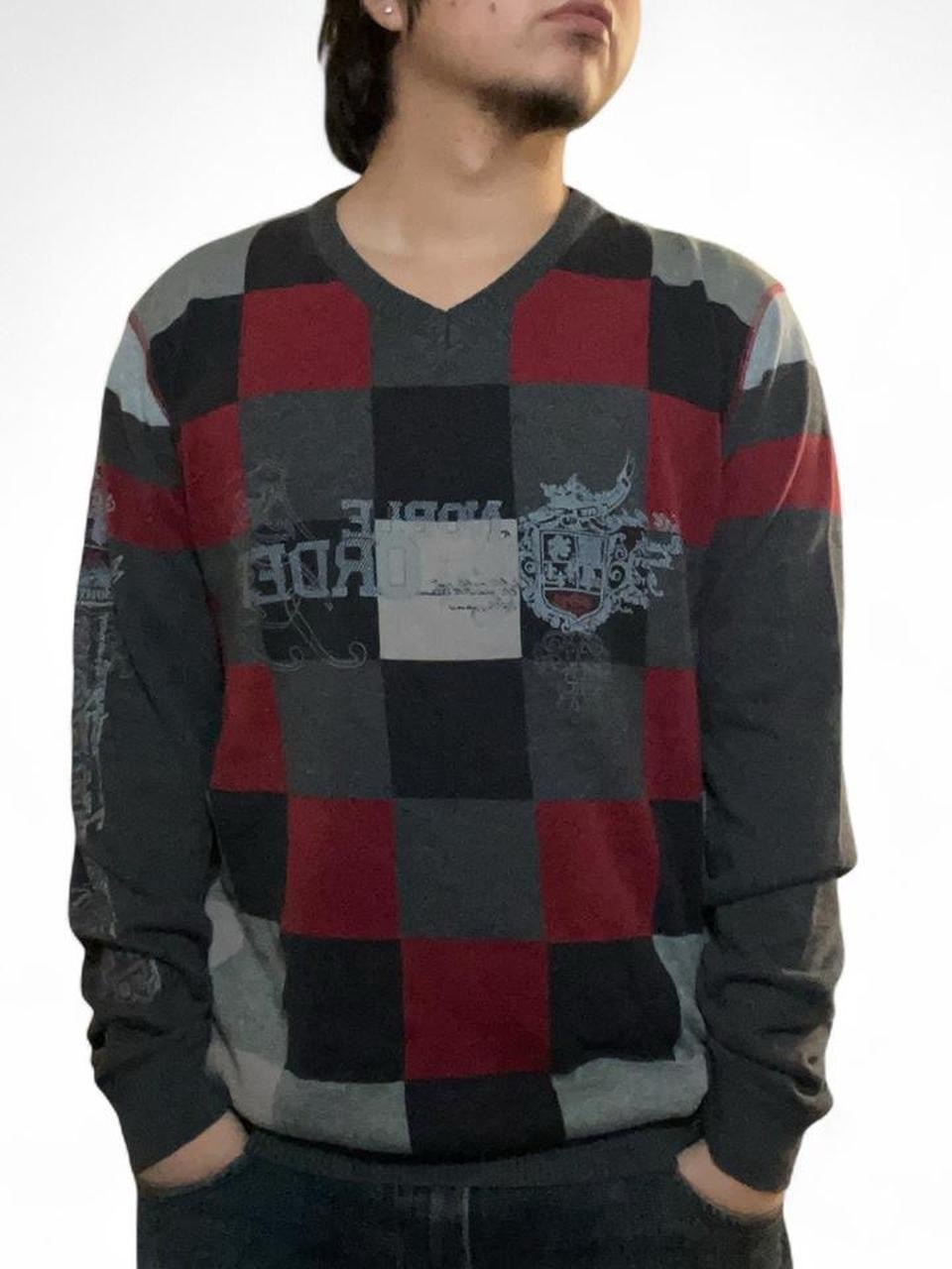 Point Zero Men's Y2k Noble Order Graphic Patchwork V-Neck Sweater